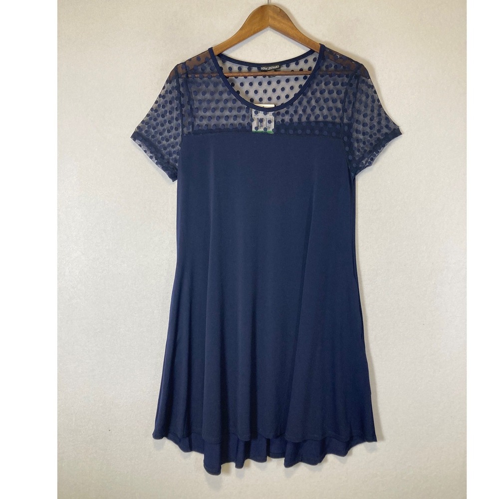 Polka Dot Mesh NWT Nina Leonard Women LG‎ Navy Blue High-Low Swing Dress Pockets